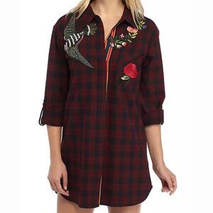 Sam Edelman Embroidered Beaded Patch Plaid Button-down Shirt